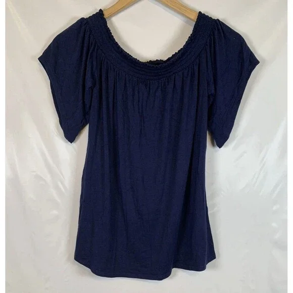 Lilly Pulitzer Almeria Navy Blue Smocked Off Shoulder Blouse Top Women’s Small - Picture 2 of 8